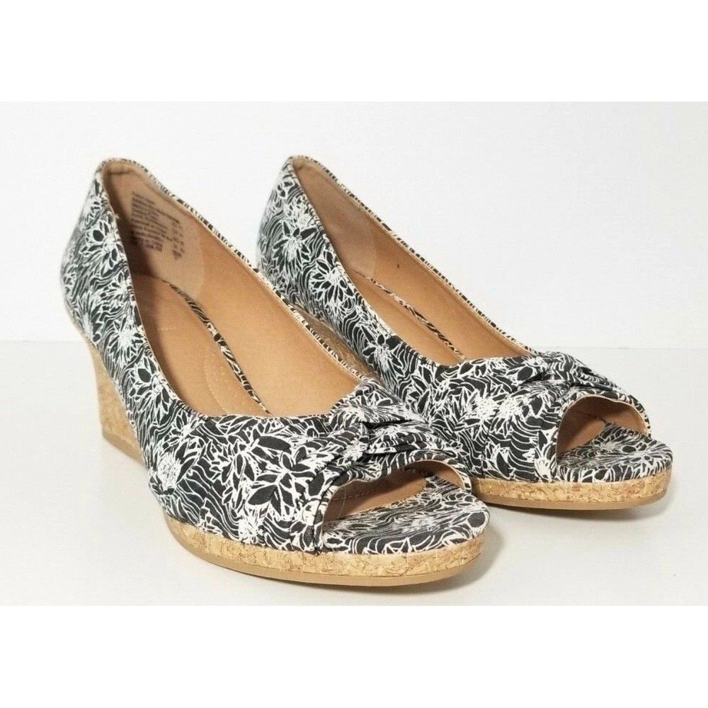 Dexflex Comfort Womens Black White Floral Canvas Peep Toe Cork Wedges Size‎ 10